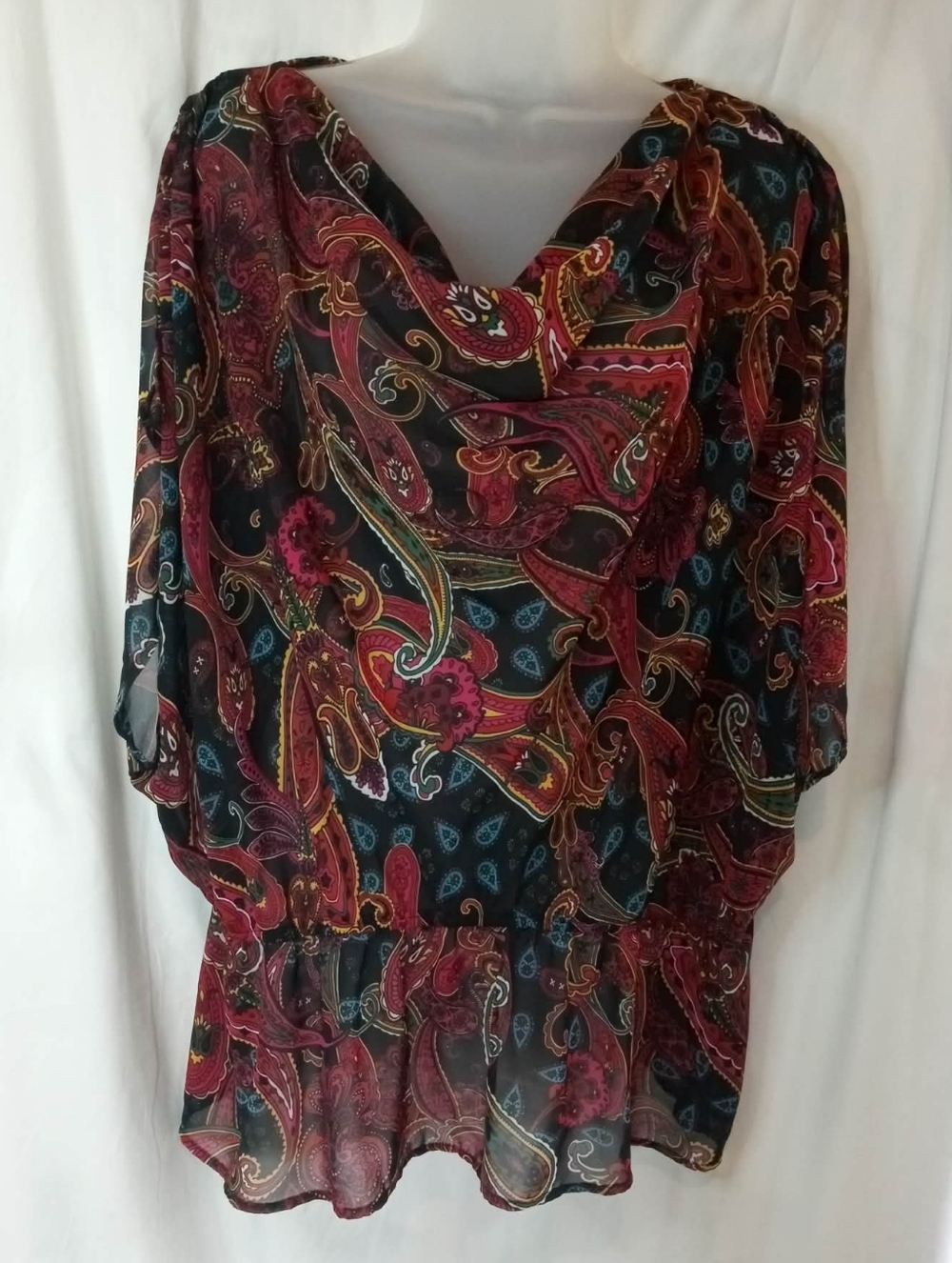 Lane Bryant Black Paisley Cowl Neck Blouse Burgundy Teal Sheer Boho Festival Red